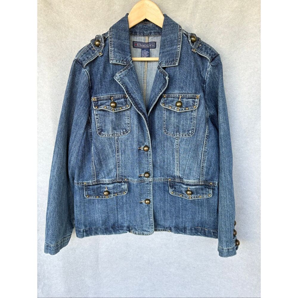 Baccini Denim Jacket Women 2X Blue Studded Button Front Stretch Jean Jacket Y2K